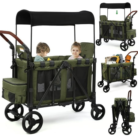 Vomeast Wagon Stroller for 2 Kids, 3-in-1 Stroller Wagon with Canopy, 5-Point Harness, Adjustable Handlebars, Removable Seat for Toddlers, Green