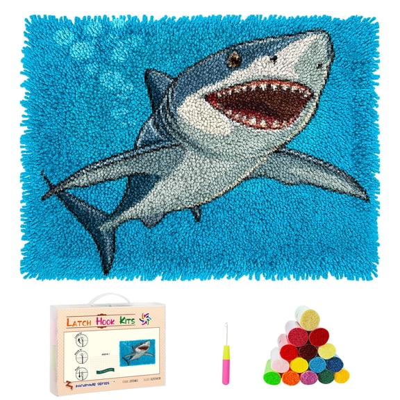 DIY Latch Hook Rug Kits Cartoon Sea Shark Swim Open Mouth Stamped Non-slip Mat Crocheting Yarn Hook and Latch Emboridery Tapestry for Home Floor Decor and Pet Warm Cushion 52x38cm(5)