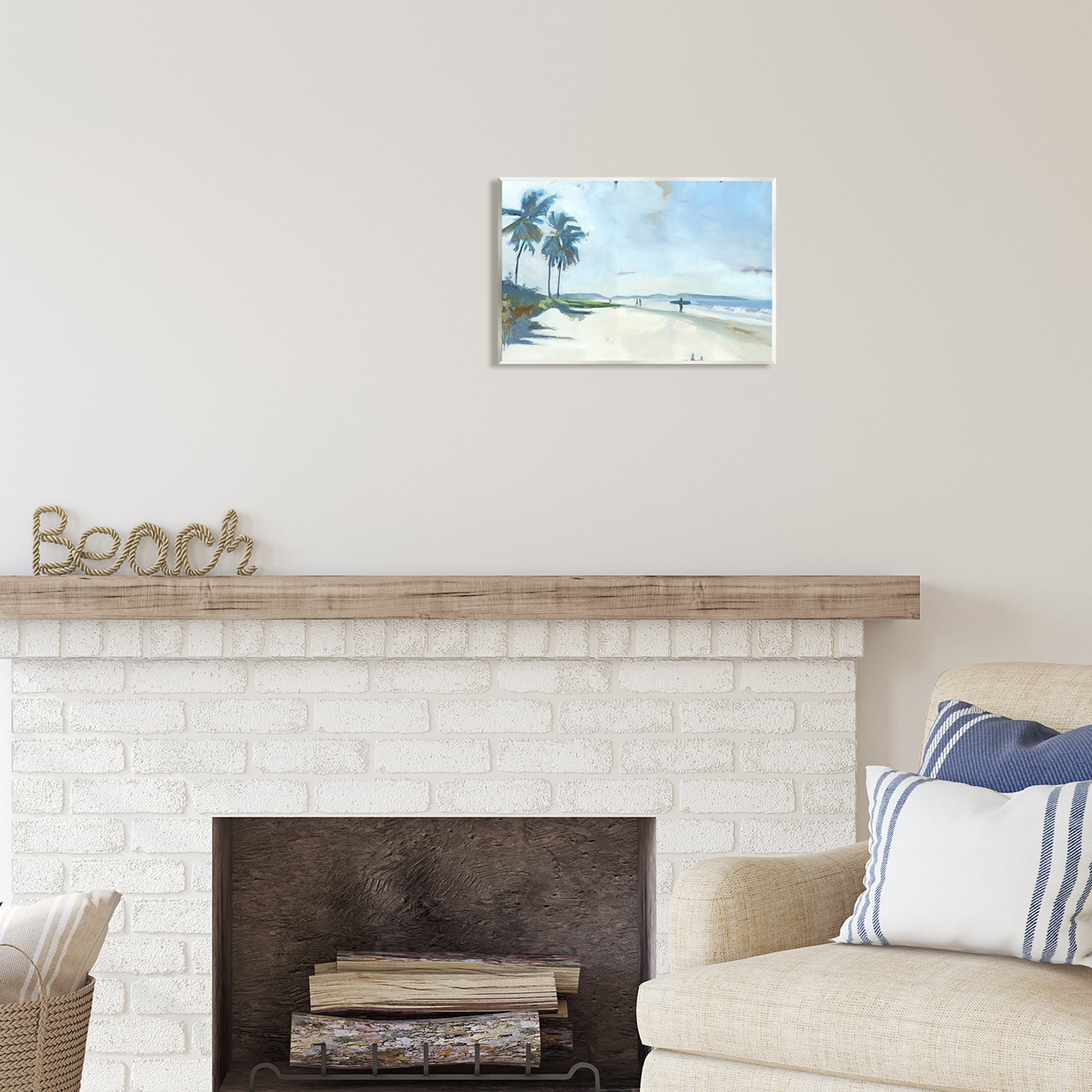 Stupell Industries Tropical Blue Beach Scene Surfers Coastal Painting Unframed Art Print Wall Art