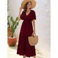 thumbnail image 4 of Boho Dot Summer Maxi Dresses for Women Wrap V Neck Short Sleeve Long Flowy Church Wedding Guest Dress Red S, 4 of 8