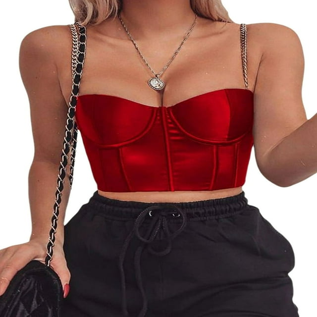 Débardeurs Sans Manches de Couleur Unie avec Sangle de Chaîne Bas-Découpé Rembourré T-Shirt Débardeurs Rouges