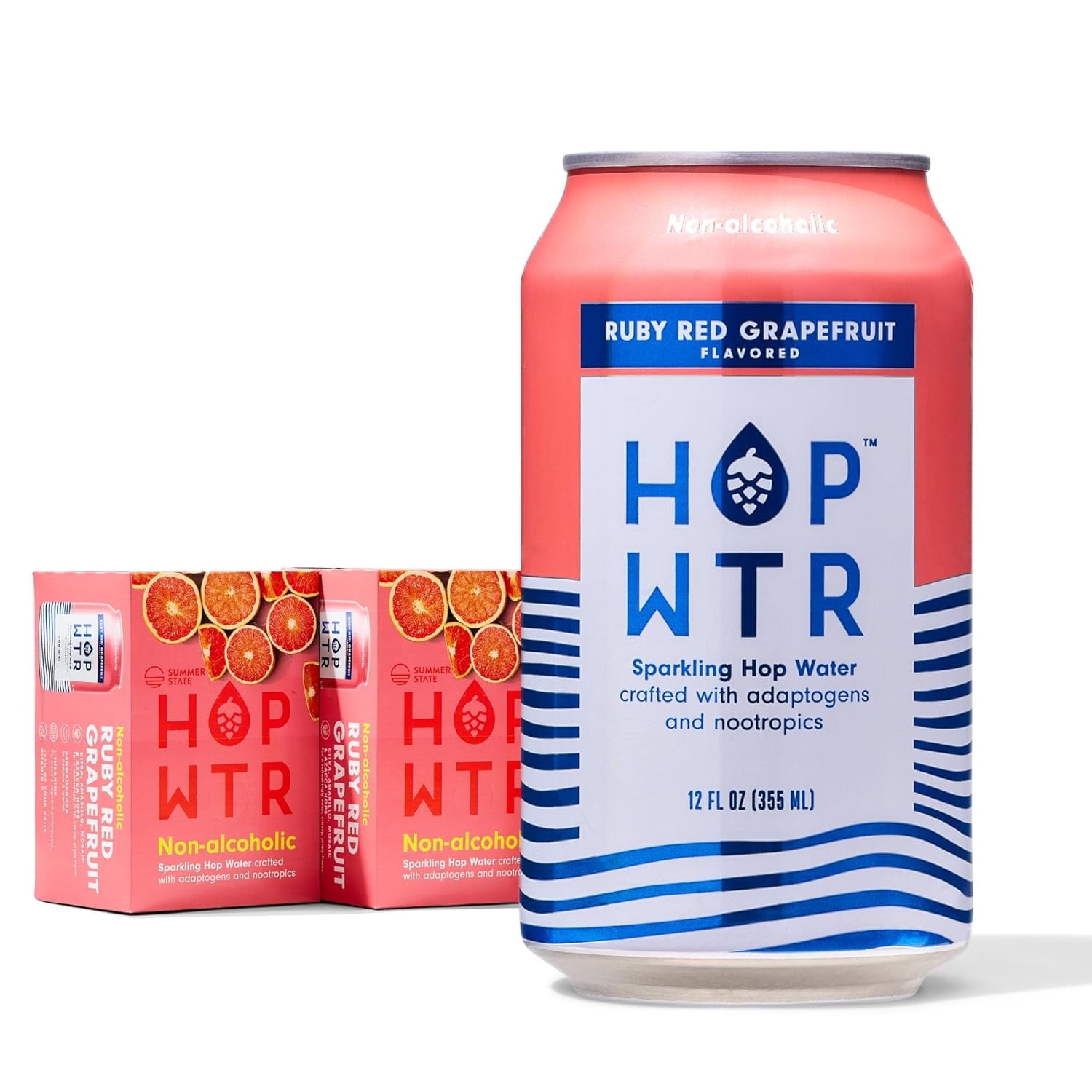 HOP WTR - Sparkling Hop Water -Ruby Red Grapefruit  (12 Pack) - NA Beer, No Calories or Sugar, Low Carb, With Adaptogens and Nootropics for Added Benefits (12 oz Cans)