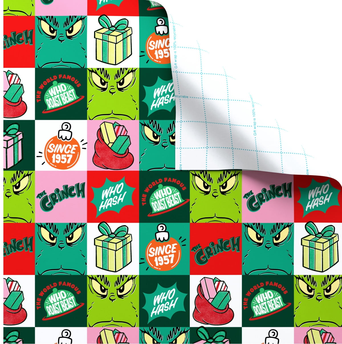 Plus Mark 40 in. Grinch Multi-color Block Christmas Wrapping Paper with Cutlines (60 Sq. ft., 1-Roll)