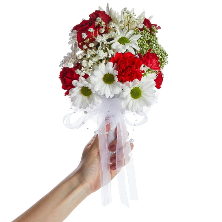 Foam Wedding Bouquet Holder for Fresh and Artificial Flower Arrangements  with Lace and Rhinestones (3 x 7 In)