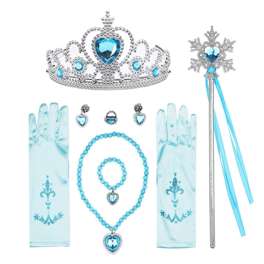 Princess Dress Up Accessories Gift Set for Elsa Cinderella Crown Scepter Necklace Bracelet Earrings Rings Gloves (7pcs Blue)