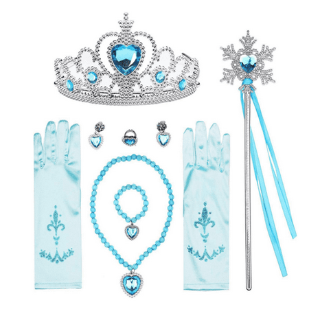 Princess Dress Up Accessories Gift Set for Elsa Cinderella Crown Scepter Necklace Bracelet Earrings Rings Gloves (7pcs