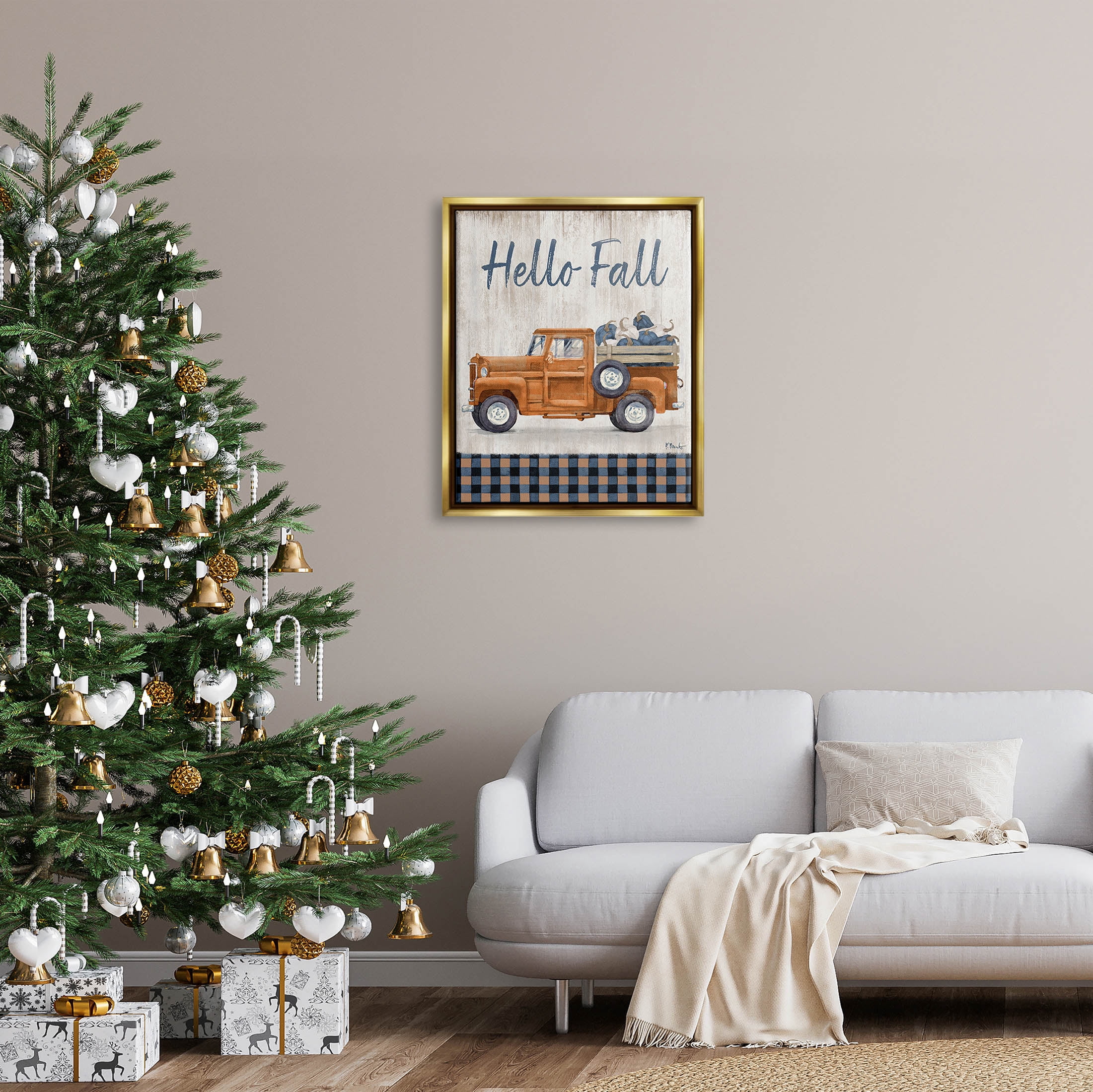 Stupell Industries Hello Fall Plaid Pumpkin Truck Graphic Art Metallic Gold Floating Framed Canvas Print Wall Art, Design by Paul Brent