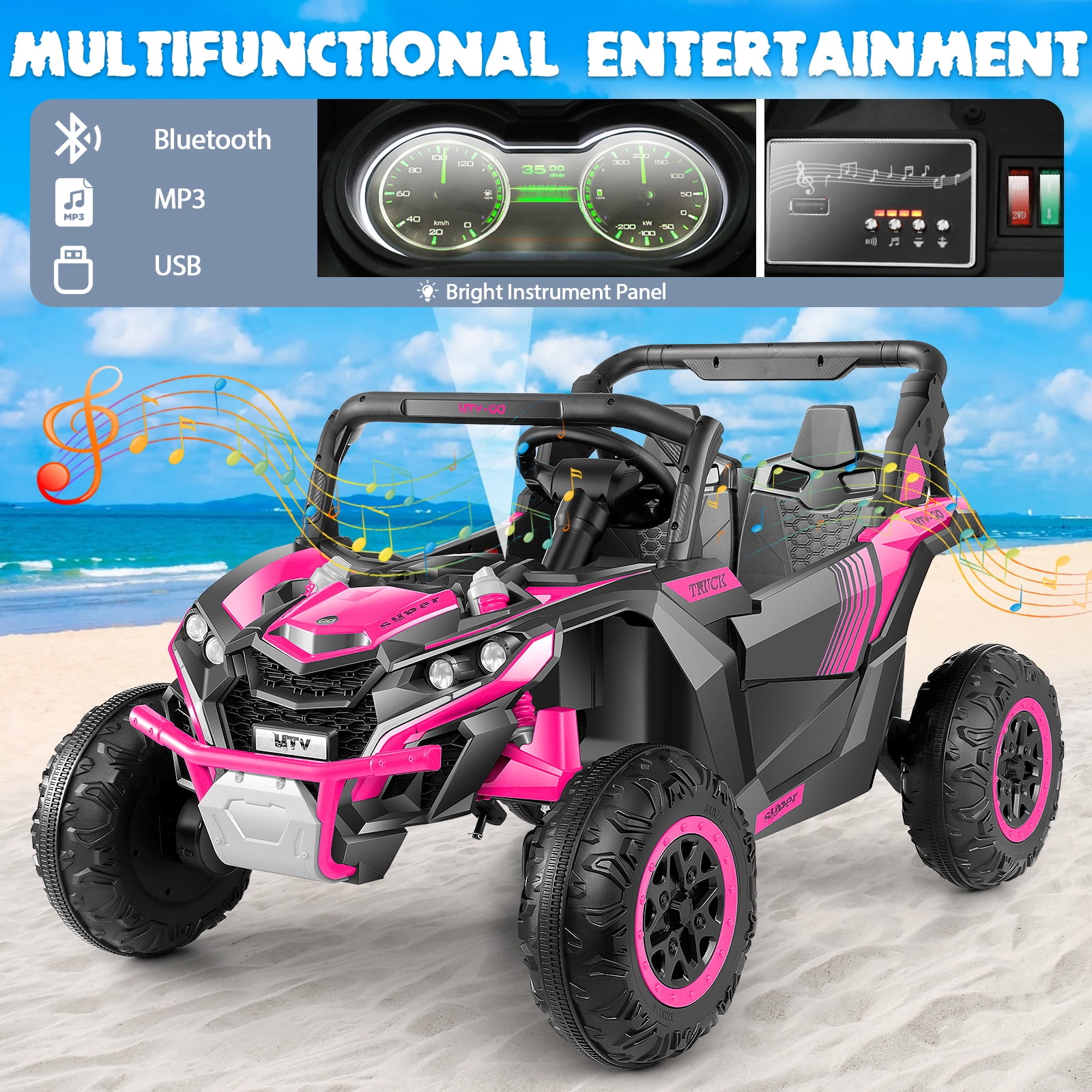 Funcid 24V Ride on Car for Kids, 2WD/4WD Switchable Ride on Car with Remote Control, 2 Seater Ride on Toys, UTV, Bluetooth, Music, LED Lights, Storage Space