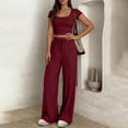thumbnail image 7 of Mifsaly 2 Piece Vacation Sets for Women Ribbed Square Neck Crop Top and Drawstring Wide Leg Pants Summer Casual Cozy Daily Wear Travel Matching Lounge Outfits with Pockets Wine,S, 7 of 7