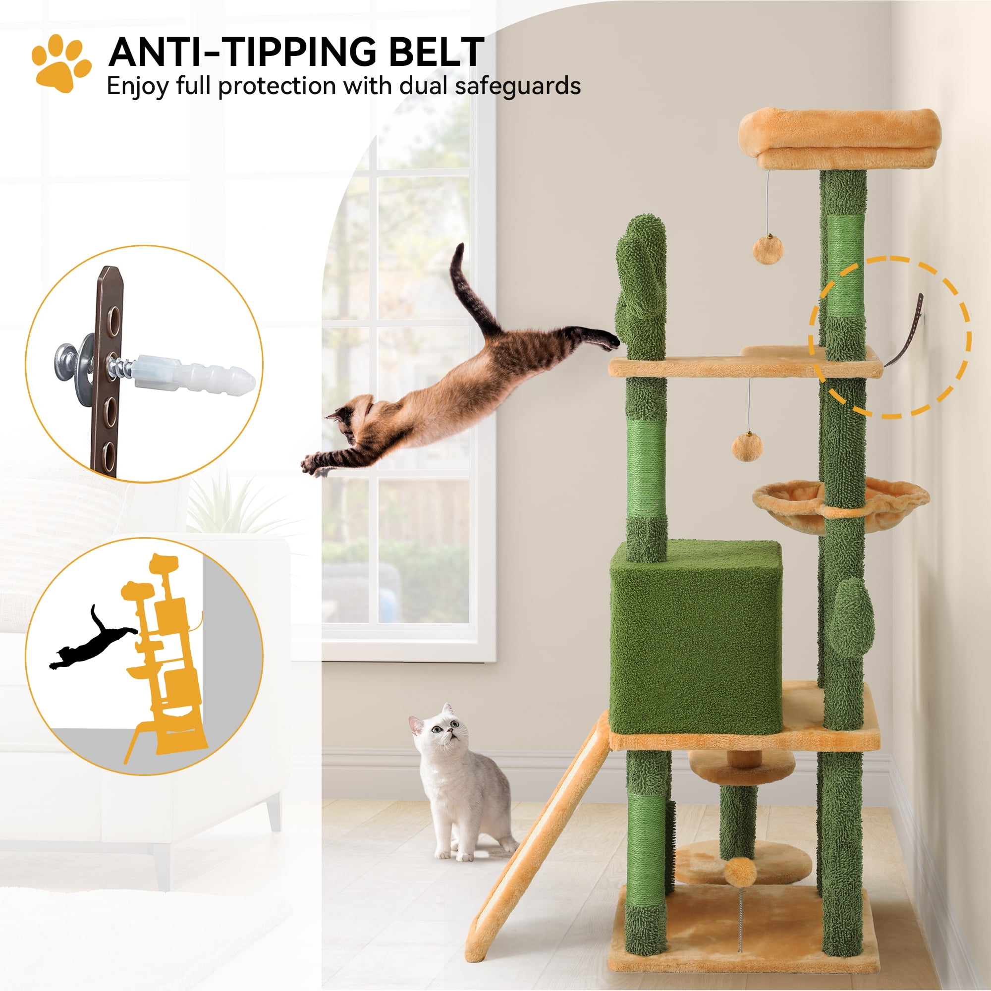 Uforic 60" Cactus Cat Tree Tower, Multi-Level Cat Tree House with Scratching Post, Ladder & Pompom Balls, Green&Yellow