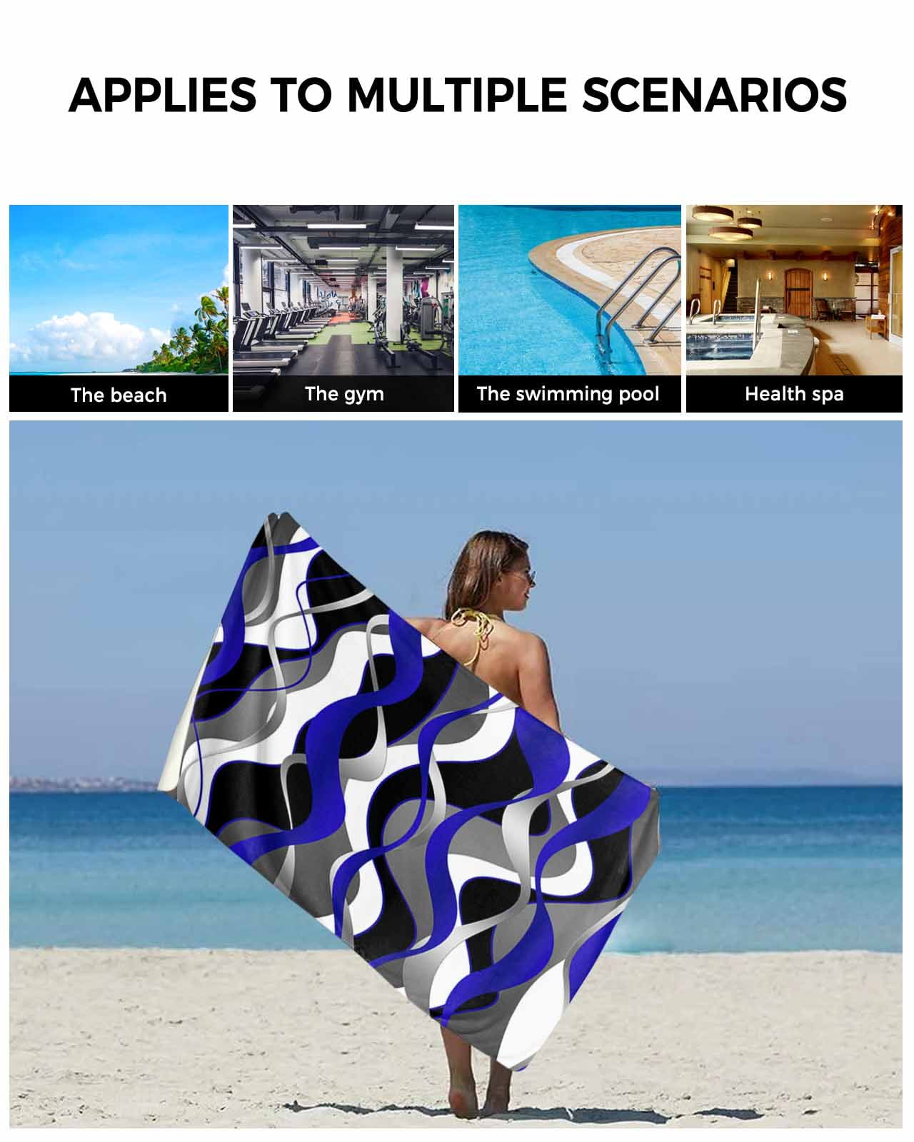 Blue Stripe Bath Towels for Bathroom Set,Luxury Microfiber Towels Gifts for Women,Beach Kitchen Hand Hair Face Towel and Dish Washcloth,Ombre Grey Moire Geometric Modern Abstract Towels+Set