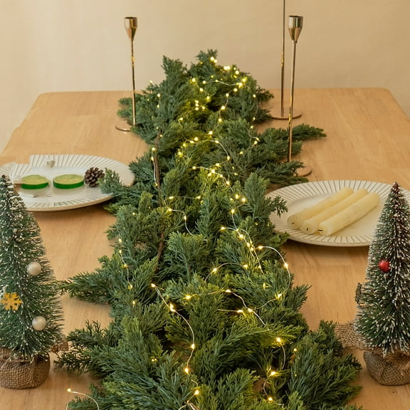 LED 6FT Artificial Cliff Cedar Garlands, Real Touch Winter Norfolk Pine Garland, Green Artificial Greenery Garland for Table, Mantle, Wall, Indoor, Outdoor Christmas Decorations With light