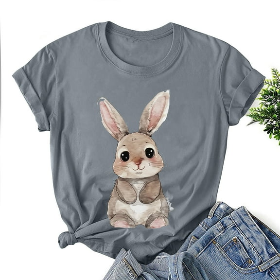 HOMBOM Short Sleeve Womens Dress Easter Blouse Gray T-shirts Easter Rabbit Print Crew Neck Casual Tops S