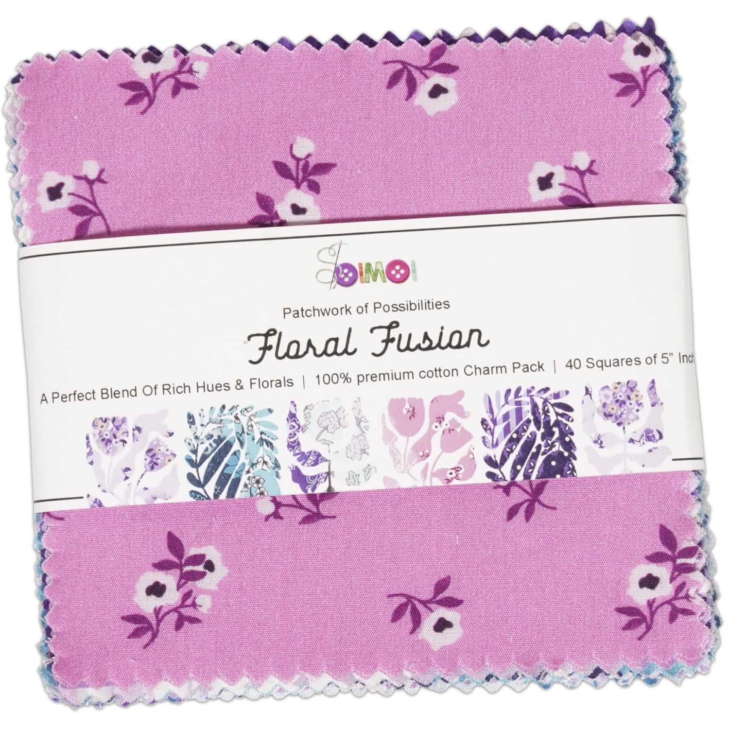 40Pcs 5" x 5" DIY Cotton Fabric Squares, 5" Layer Cake Patchwork, Pre - Cut Quilt Charm Pack, DIY Sewing Quarters Bundle, Quilting Fabric Bundles - Floral Fusion