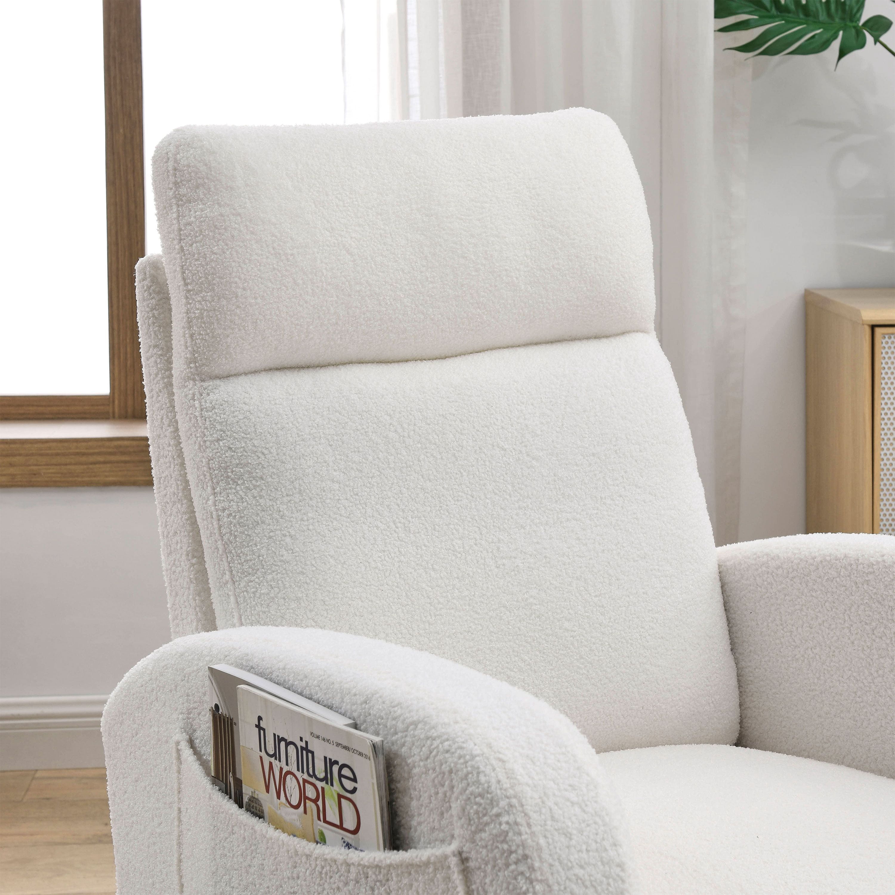 Welike 27.6"W Modern High-Back Rocking Chair with Side Pockets - White Lounge Armchair for Living Room, Nursery (300LBS Capacity)