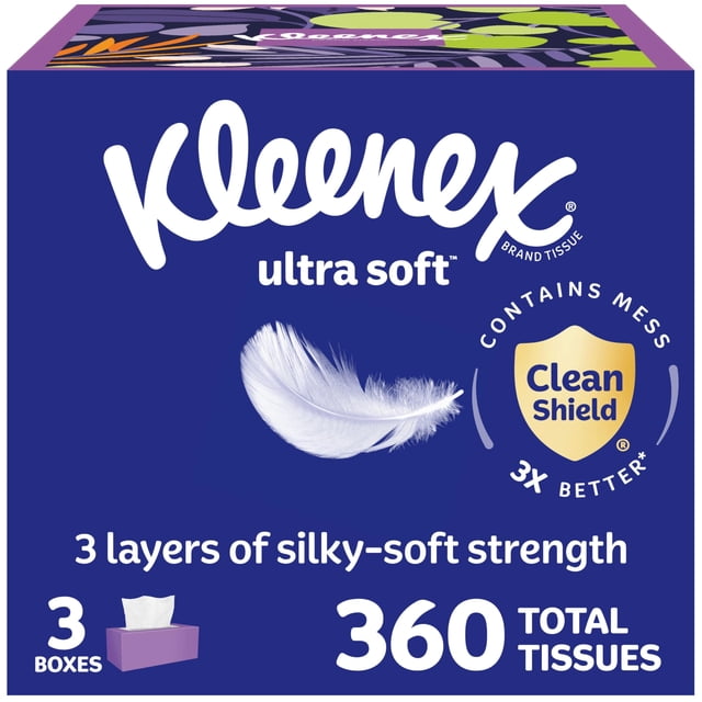 Kleenex Ultra Soft Pañuelos Faciales de 3 Capas, 360 Pañuelos, 3 Cajas