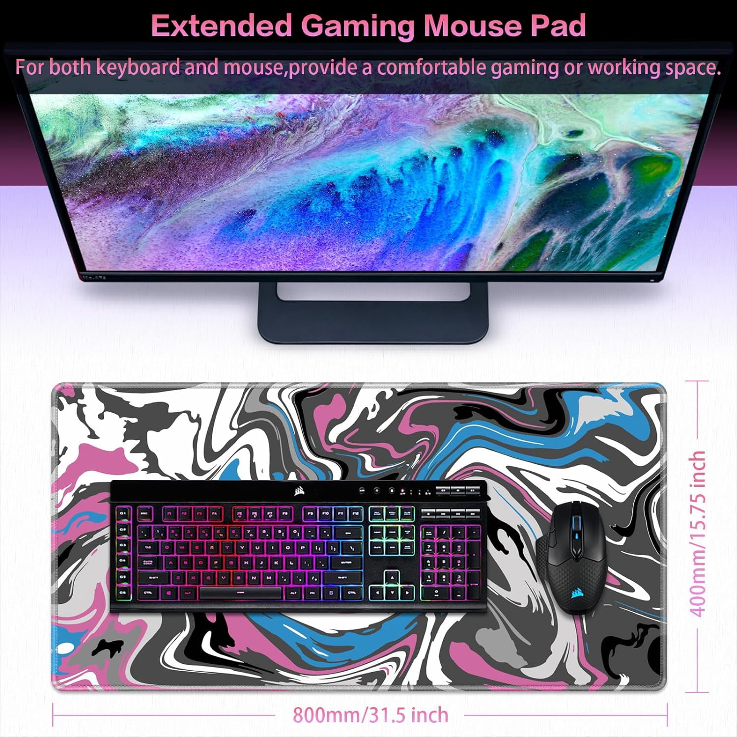 Gaming Mouse Pad, Fluid Pattern Mouse Pad 31.5x15.7inch Large Extended Computer Mouse Mat Keyboard Full Desk Mousepad for Gaming, Office, Home