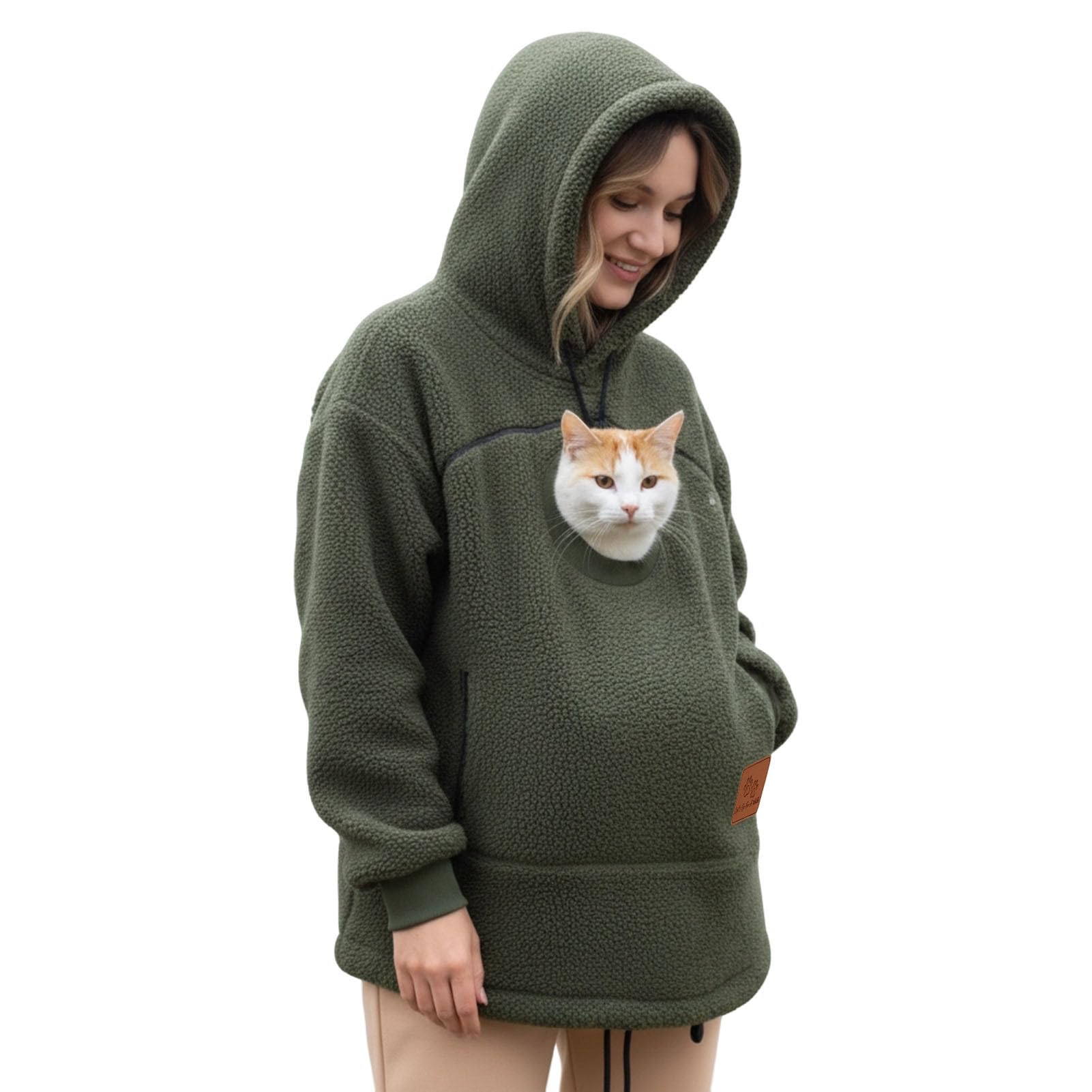 Stralyhd Unisex Hoodies Pet Holder Oversized Sweatshirts with Large Pocket Sharpa Warm Pet Carrier Hoodie Hooded Pet Carrier Pullover Army Green L
