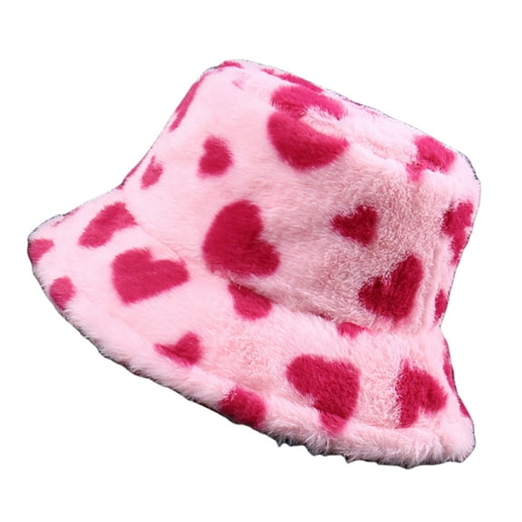 Heart Pattern Bucket Hat for Outdoor Activity Nondeform Soft Thickened Warm Plush Fisherman Hat for Winter Daily Wear