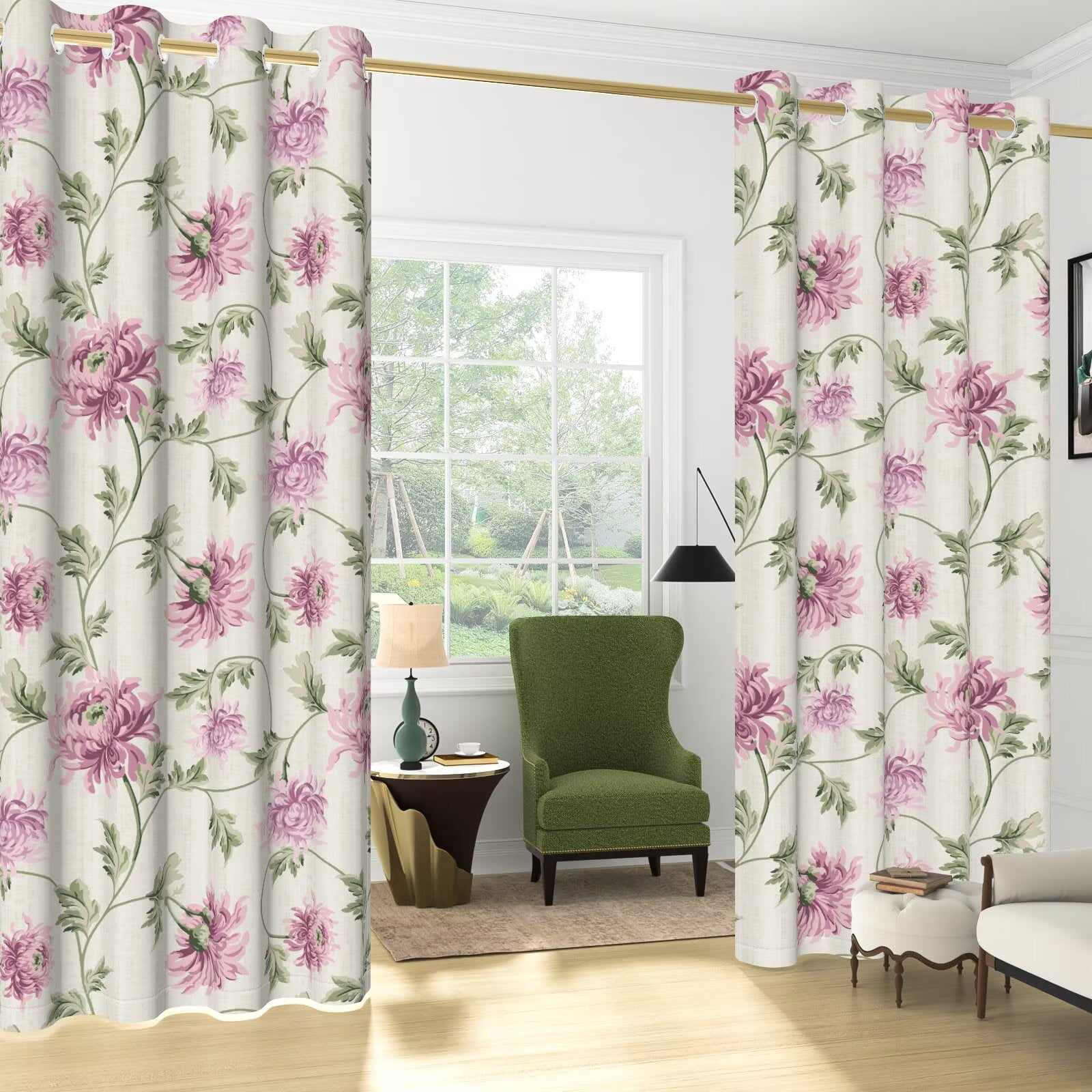Nanqianyi Pink Floral Blackout Curtains, Linen Texture Vine Grommet Drapes for Living Room Bedroom, 2 Panels, 52"W x 84"L