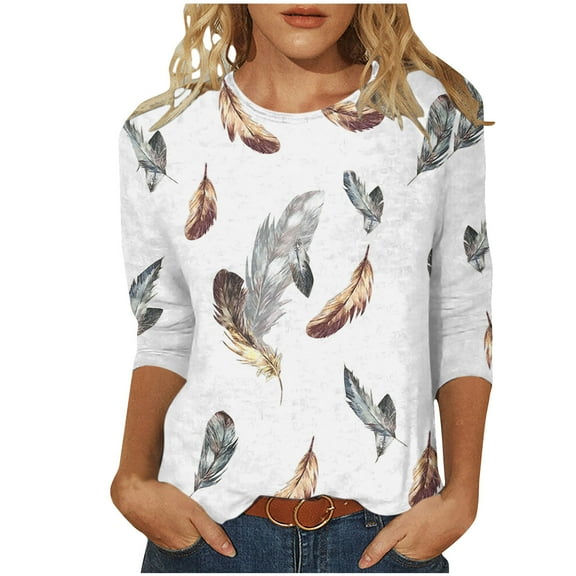 Patlollav Fashion Woman Round Neck 3/4 Sleeve T-Shirt Autumn Print Blouse Tops Sweatshirt on Ladies