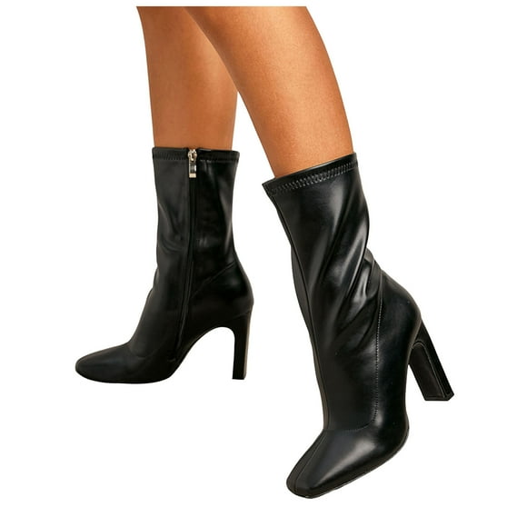 Mid Calf Dress Boots for Women Black Leather Pointed Toe High Heels Dressy Pumps Winter Fall Short Booties