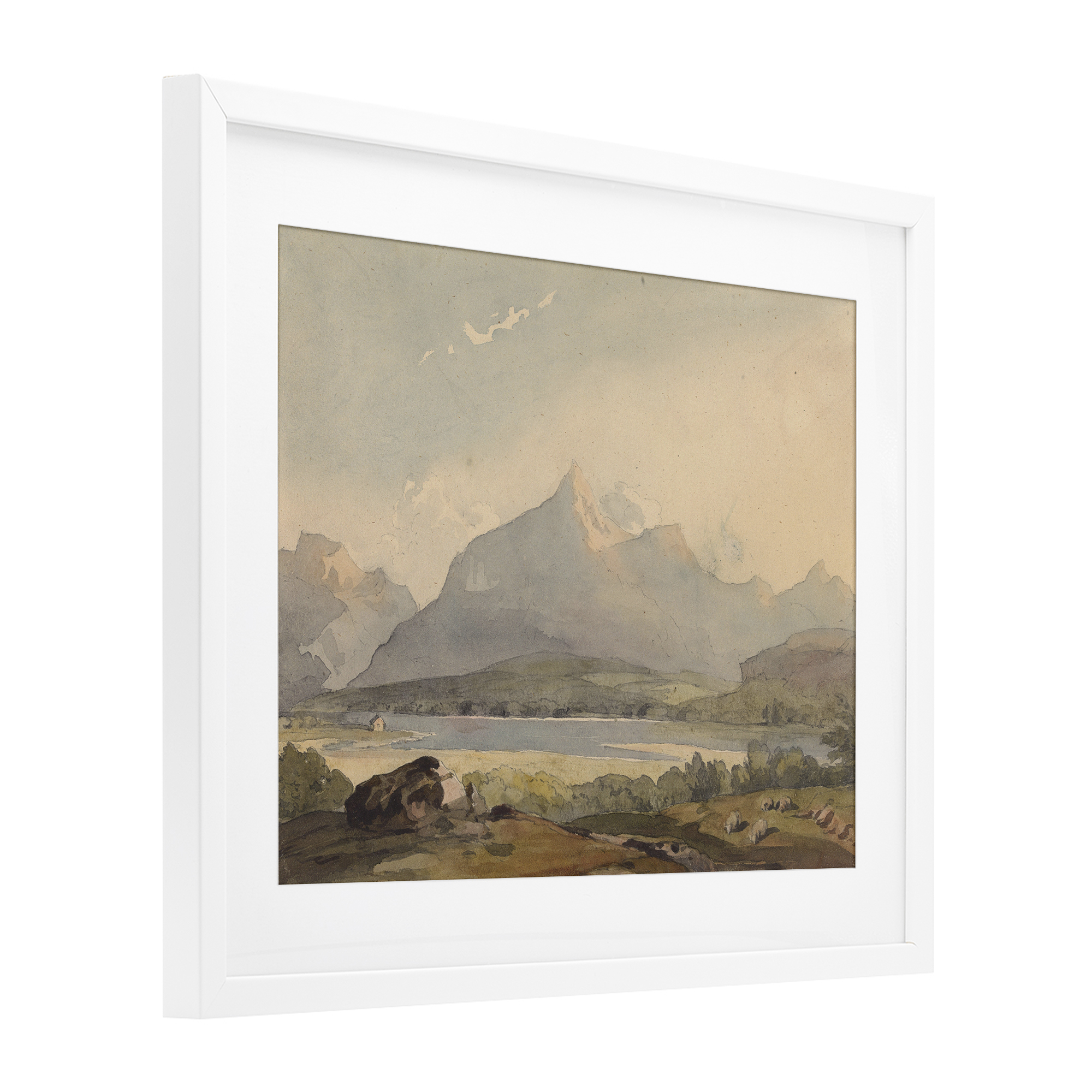 Peaceful Hazy Mountains White Framed Print Under Glass, design by Lettered and Lined
