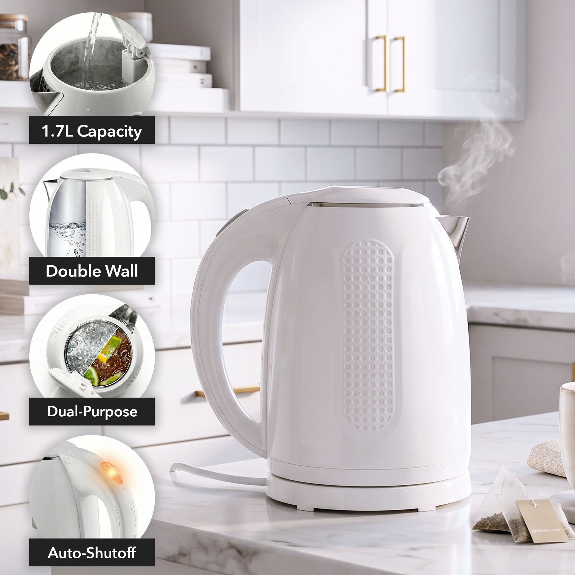 OVENTE 1.7L Double Wall Electric Tea Kettle, 1100W Water Boiler and Heater with Cool-Touch Exterior, Stainless Steel Insulated Interior, Auto Shut-Off, Boil-Dry Protection & Locking Lid, White KD64W