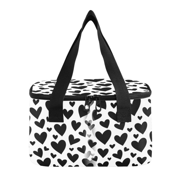 6L Insulated Lunch Bag Square Handheld Cooler Tote Repeat Black Heart Pattern Reusable Thermal Bag with Polyester & Aluminum Lining for Work Picnic Travel
