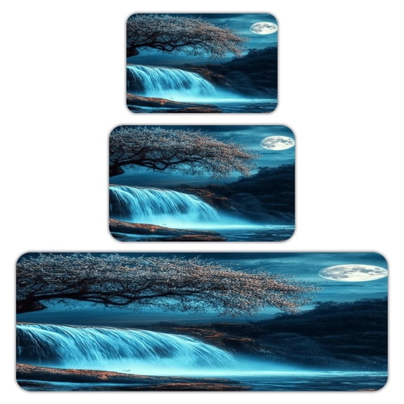 RKSupls Kitchen Rug Set 3 Piece Anti-Slip Flannel Floor Mats, Moonlight Waterfall Blossom Washable Absorbent Runner Mats for Kitchen Bathroom Home Decor