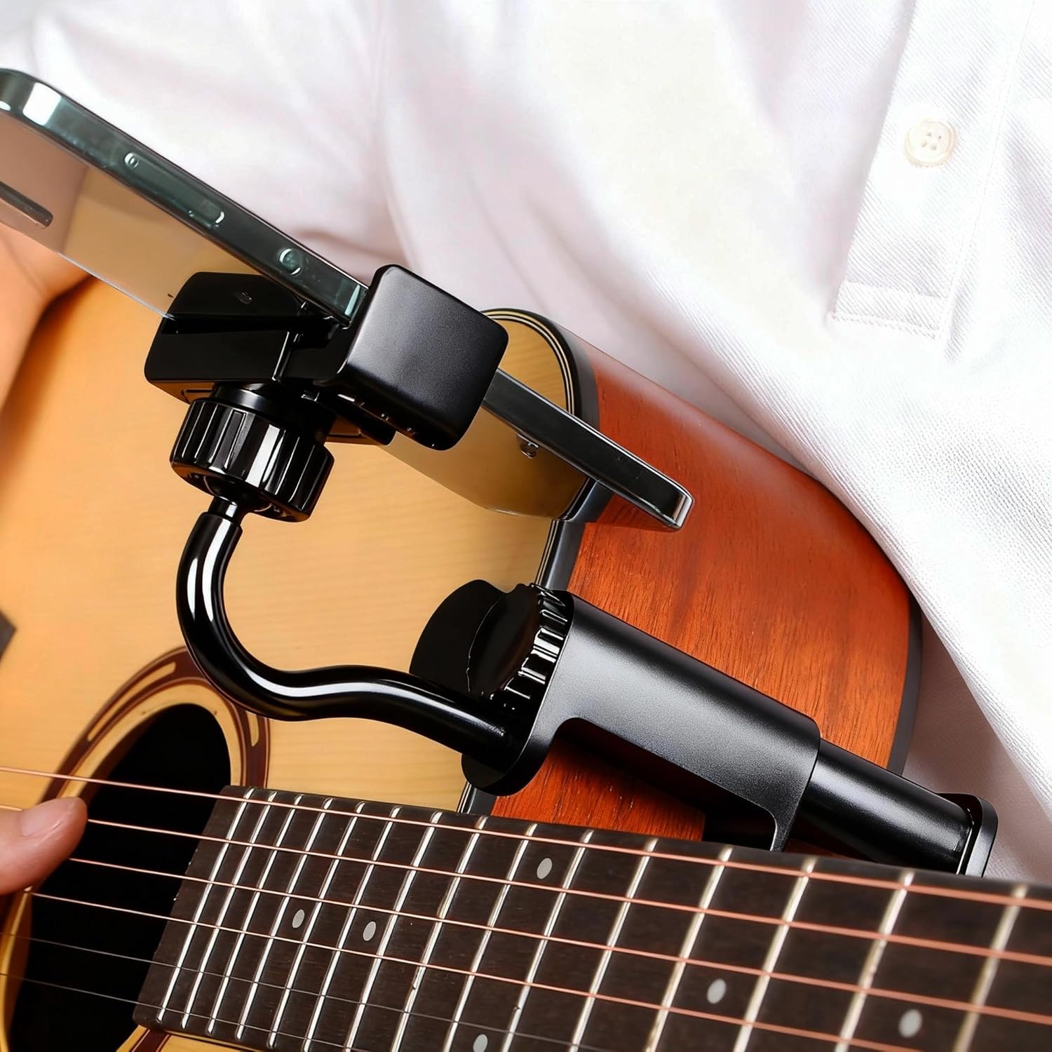 Guitar Phone Holder, Adjustable and Rotatable Mount for Guitars, Ukuleles, and Basses, Hands-Free Sheet Music Stand for Video Recording, Live Streaming, and Online Teaching