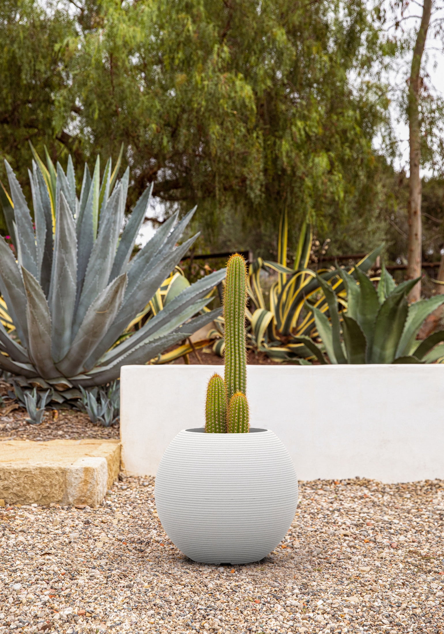 Veradek Strata Series Sphere Plastic-Stone Round Planter - White, 2 Pack