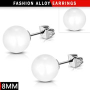 8mm Fashion White Resin Faux Pearl Bead Ball Stud Earrings pair