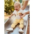 thumbnail image 6 of BemeyourBBs Newborn Baby Boy Girl Summer Clothes Cotton Linen Outfit Casual Button Crew Neck Short Sleeve Romper Plaid Pants 2 Pcs Set, 6 of 9