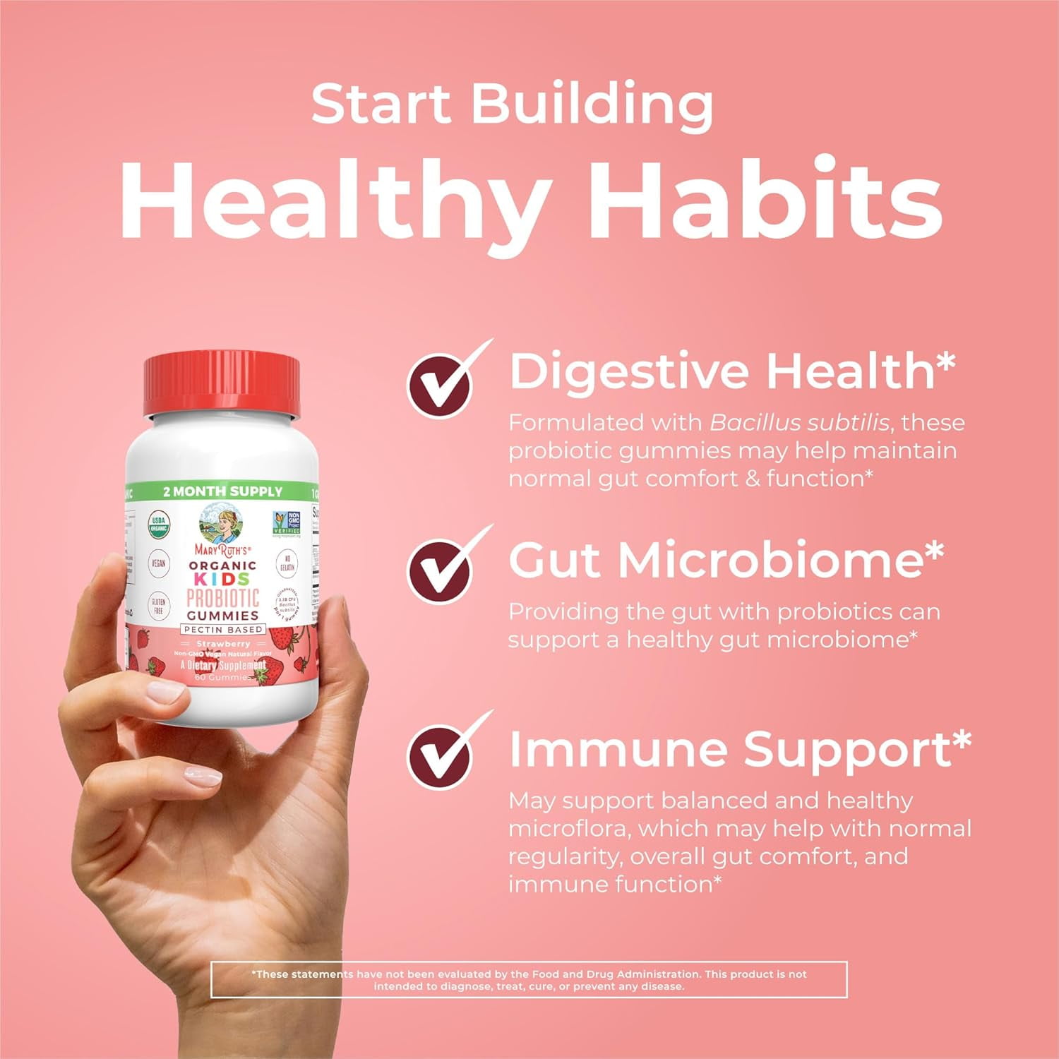 MaryRuth's Kids Probiotic Gummies USDA Organic Strawberry Flavor Vegan Dairy-Free Gluten-Free 60 Count
