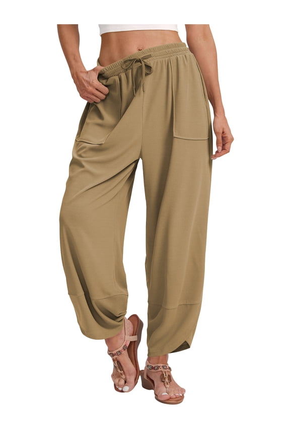 Womens Baggy Wide Leg Pants Casual Elastic Waisted Palazzo Drawstring Harem Pants with Pockets Womens Clothes Waffle Knit Work Trousers