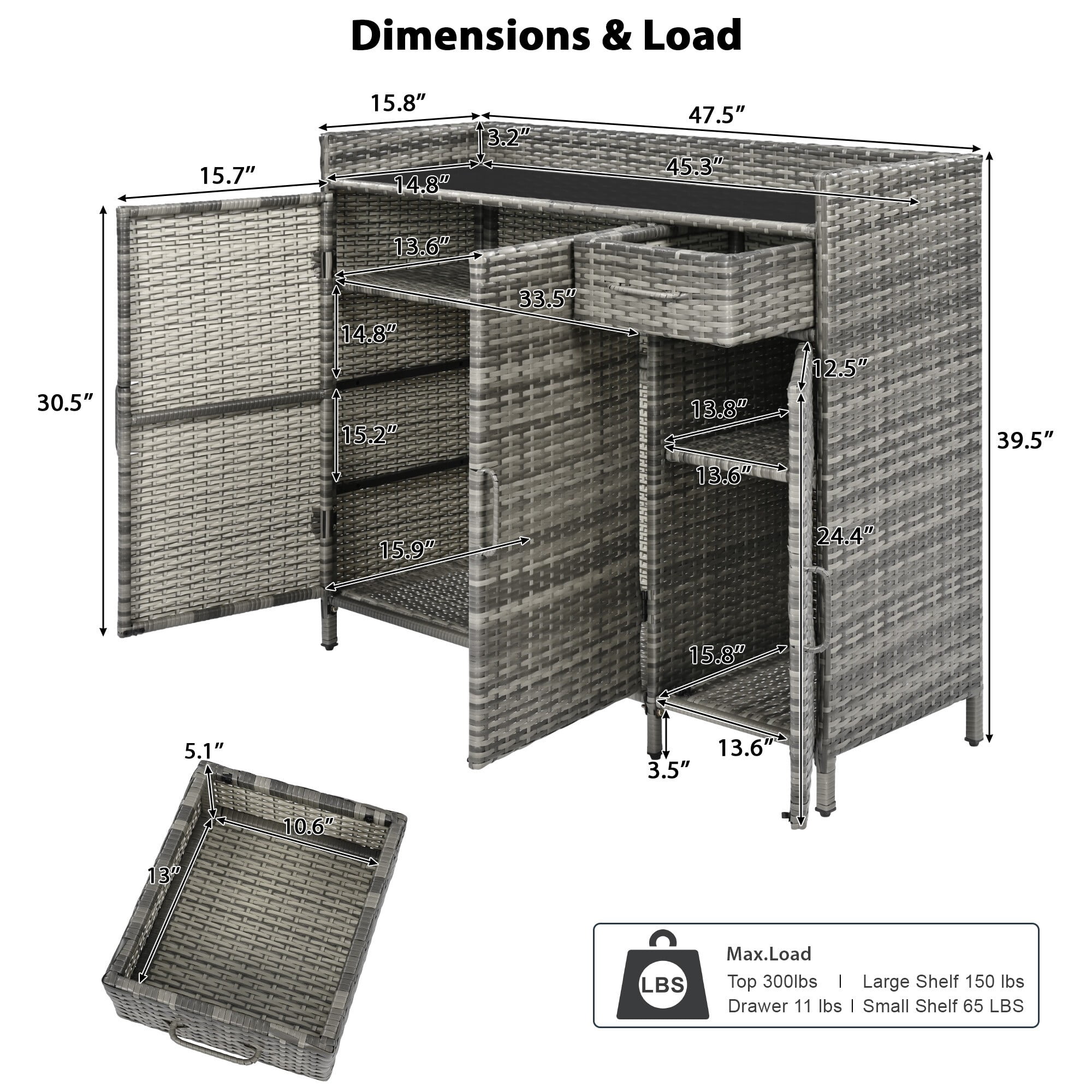 AENKYO 47.5" Wicker Outdoor Storage Cabinet with Tempered Glass Top, 3-Door Rattan Bar Table for Patio, Poolside, Gray