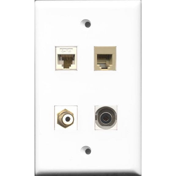 RiteAV 1 Port RCA White and 1 Port Phone RJ11 RJ12 Beige and 1 Port 3.5mm and 1 Port Cat6 Ethernet White Wall Plate