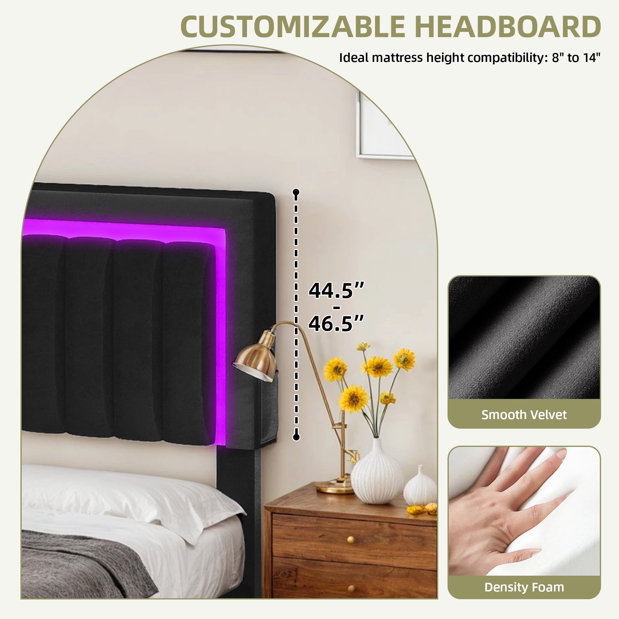 Uforic Queen Size Black Velvet Upholstered Platform Bed Frame with RGB LED Lights, 4 Storage Drawers & USB Ports