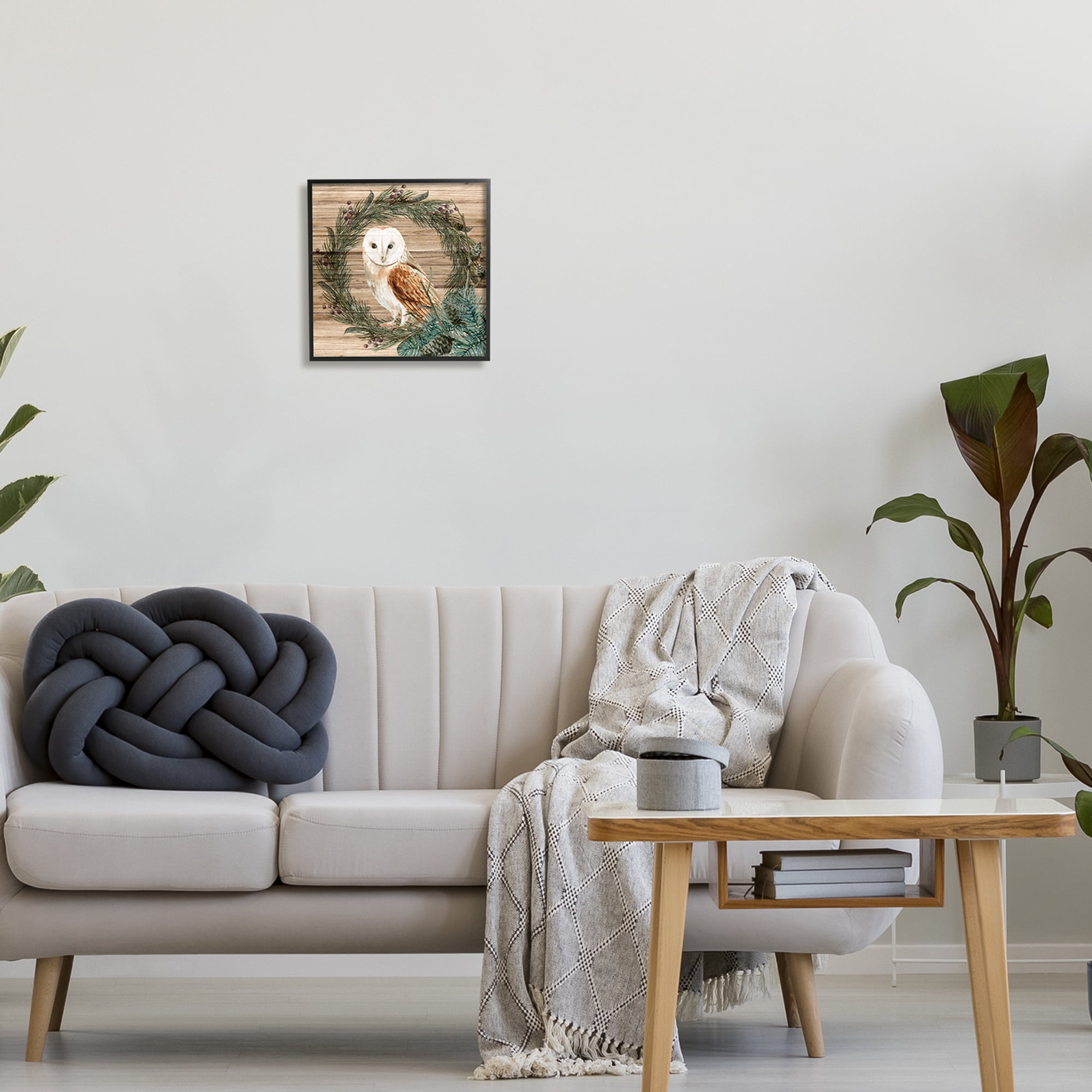 Stupell Industries Rustic Owl on Pine Wreath Botanical & Floral Painting Black Framed Art Print Wall Art, 12 x 12