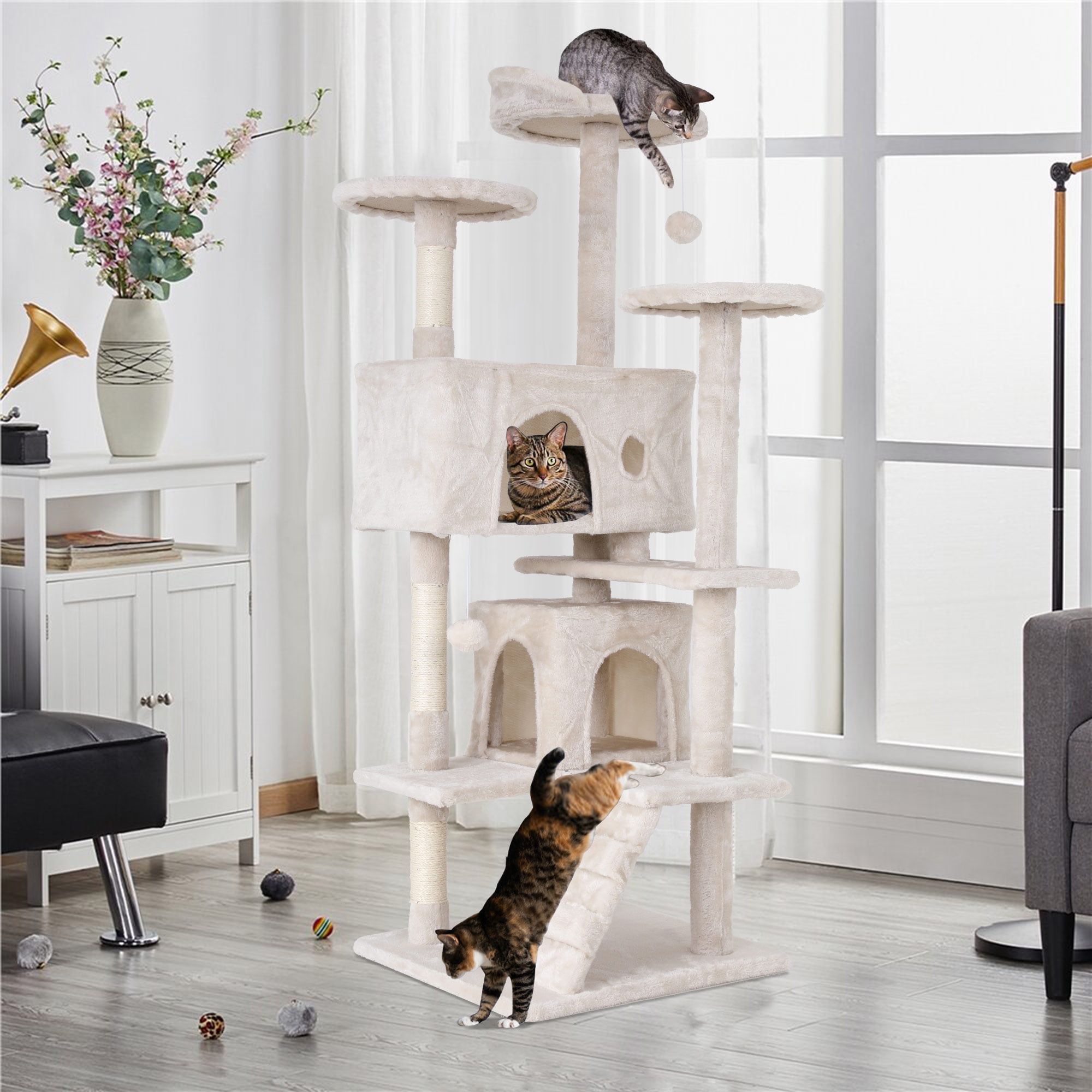 CL.HPAHKL Cat Tree Tower Tall for Indoor Cats, 54in Multi-Level Durable Cat Tower Cat Condo Scratch Post with Natural Sisal Rope Cat Stands for Cats Kitten, Beige