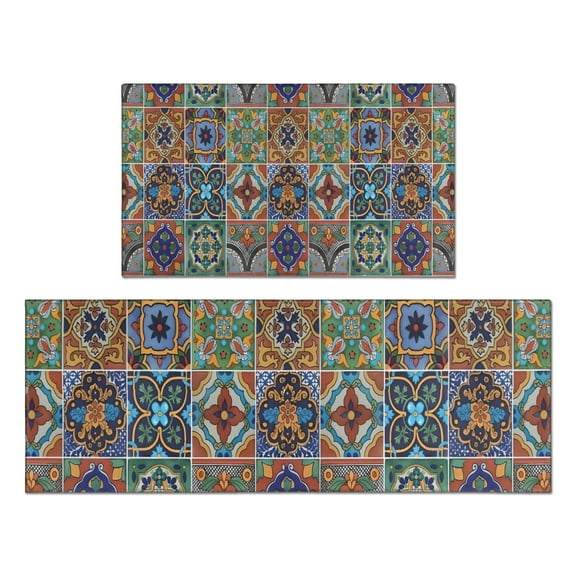 Brown Traditional Tile Pattern Kitchen Rugs Sets Of 2,Anti Fatigue Kitchen Mat Rugs Non Slip Washable,Decorative Kitchen Floor Mats for Kitchen,Sink,Laundry,17"x30" 17"x47"