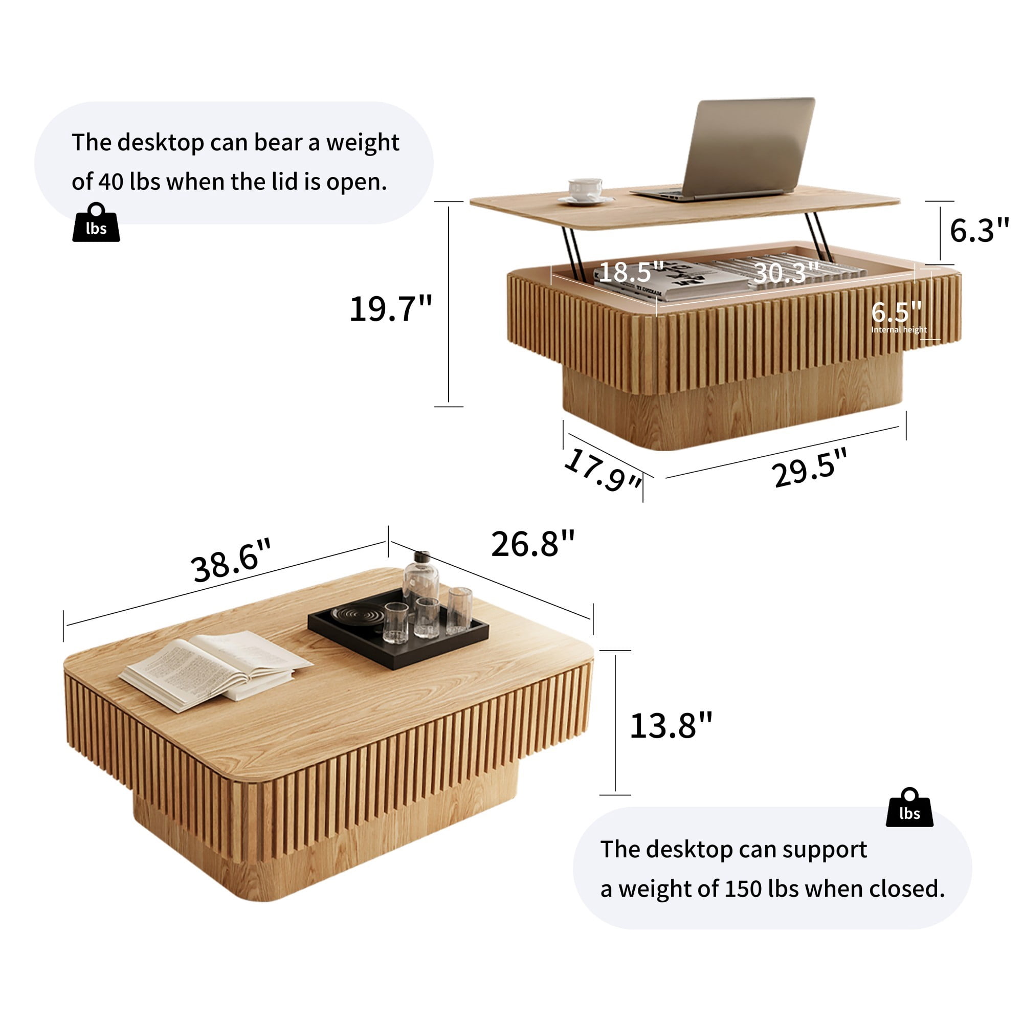Lift Top Coffee Table with Storage, 38.6" Fluted Coffee Table with Adjustable Height, Modern Wood Veneer Center Table for Living Room, Natural