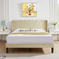 VECELO Queen Platform Bed Frame with Upholstered Headboard, Strong Wooden Slats/No Box Spring Needed, Beige