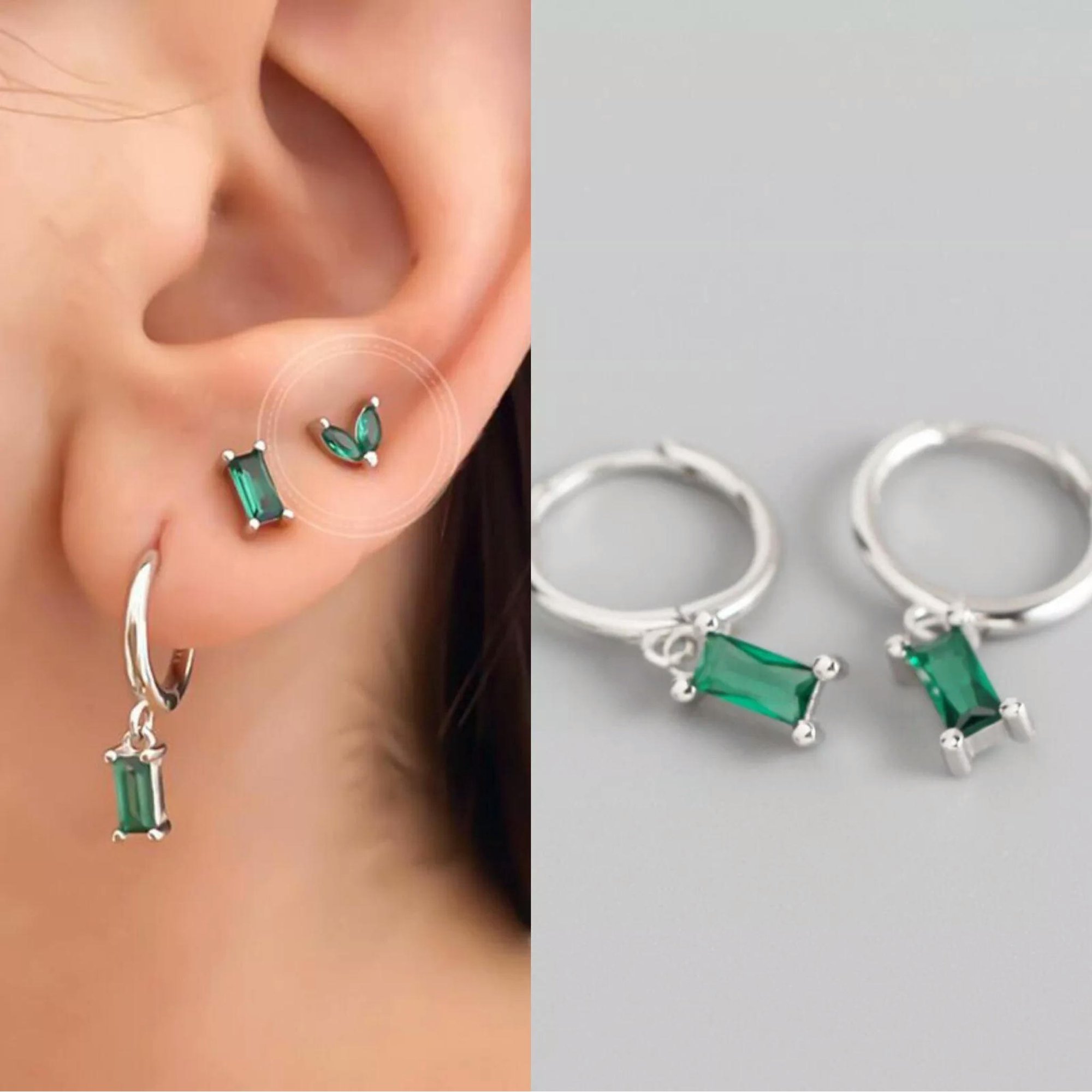 GKNET Green CZ Crystal Drop Dangle Silver Small Huggie Hoop Earrings Women s Jewelry