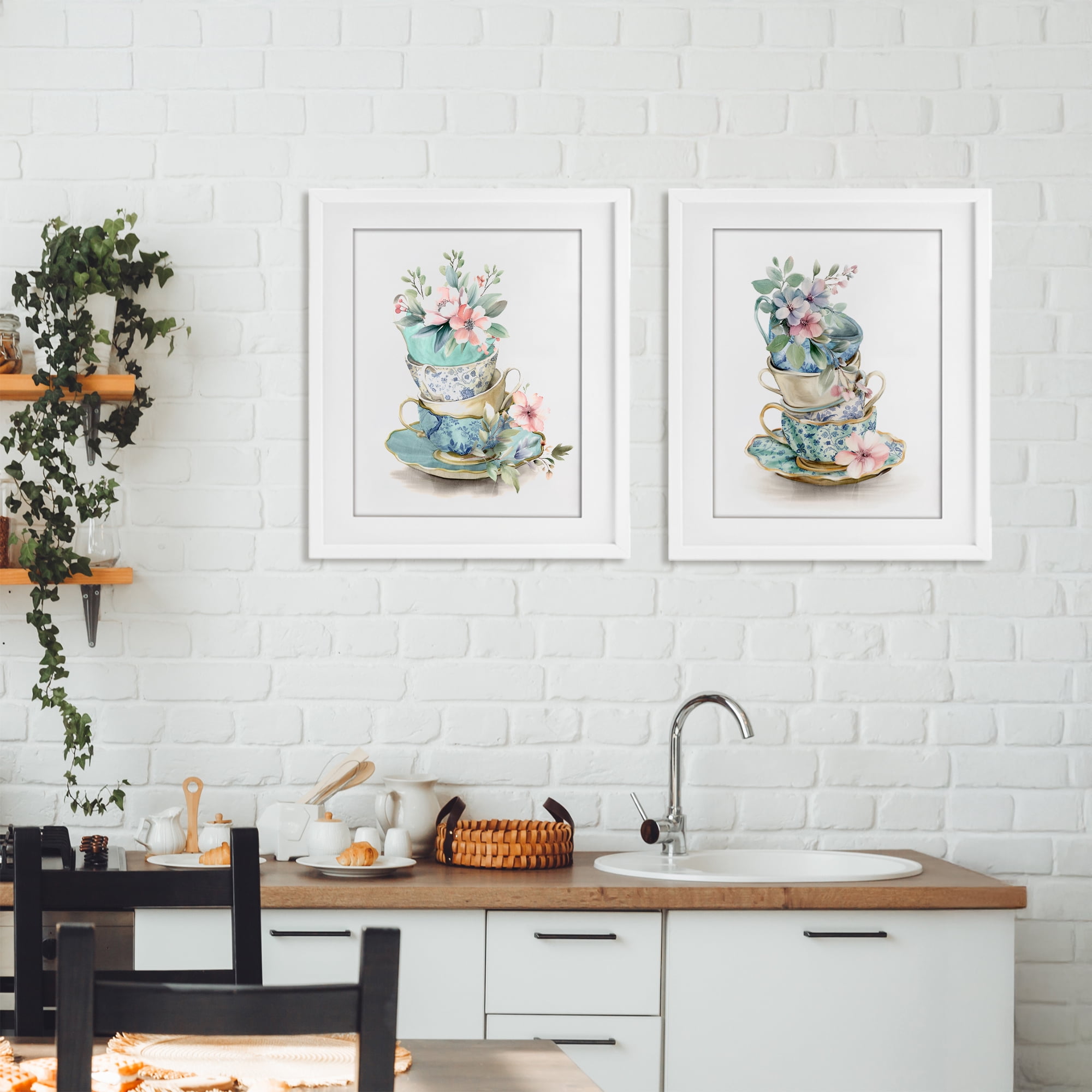 Stupell Industries Stacked Teacup Chinoiserie 2 Piece White Framed Print Under Glass Set, design by Kim Allen