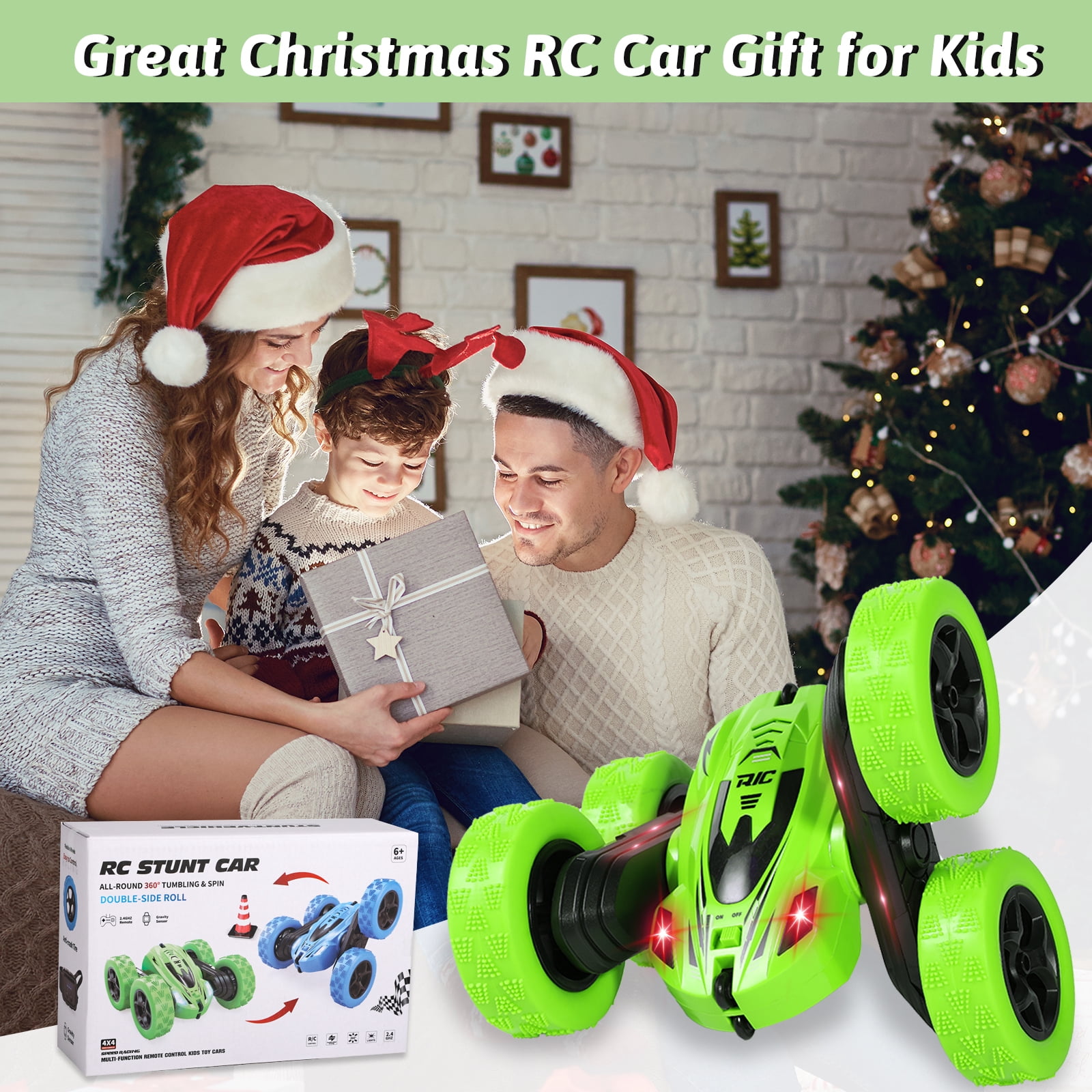 Remote Control Car,360 Flips Rotating Stunt RC Cars,Double Sided RC Car with LED Lights, 2.4Ghz All Terrain Rechargeable Electric Drift Car Birthday Christmas Gift Toys for Kids Boys Girls Green