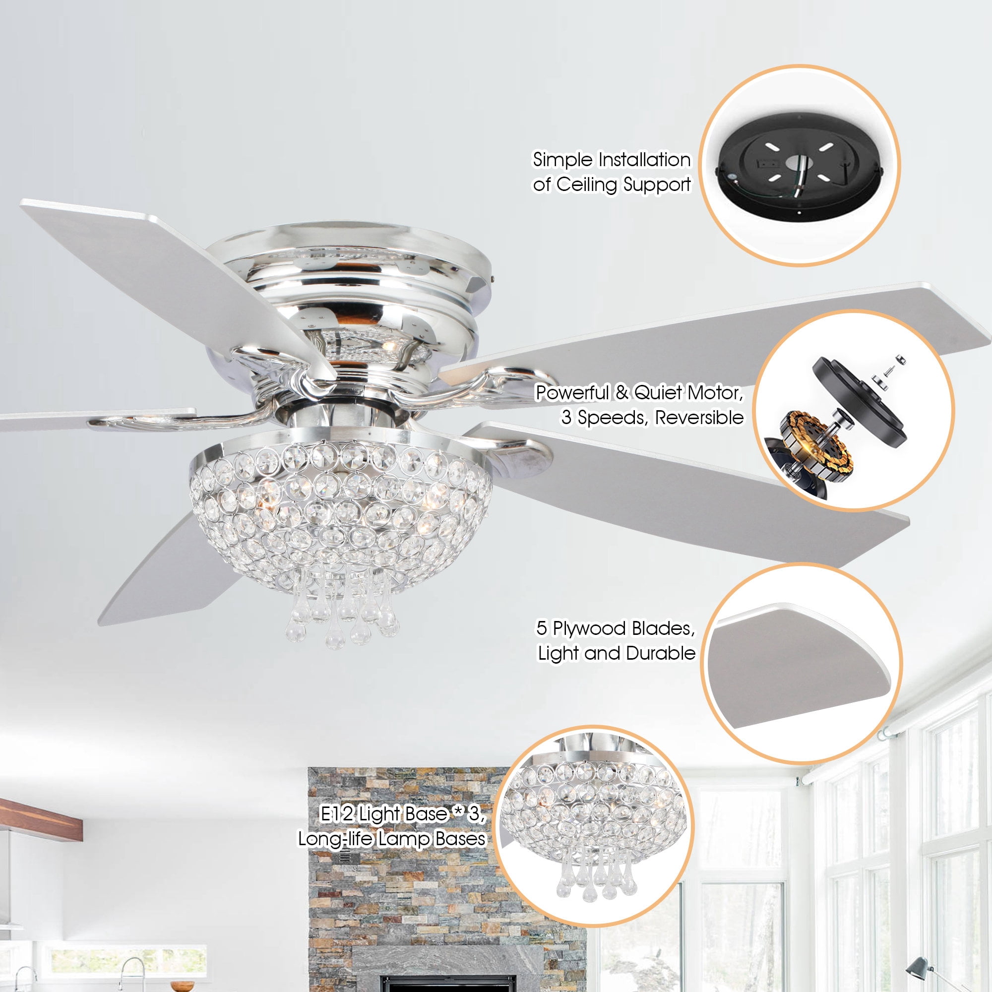 Parrot Uncle 52" Modern Chrome Flush Mount Chandelier Ceiling Fan with Lights and Remote, Low Profile Ceiling Fan for Bedroom, Living Room