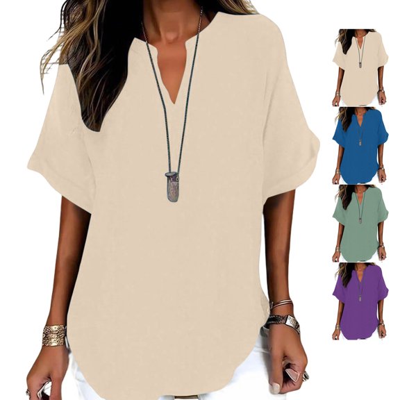 TGSLY Women's V Neck Tops Lightweight Thin Short Sleeve Blouses Loose Fit Dressy Casual Curved Hem Solid Color Summer Tee Shirts XXL