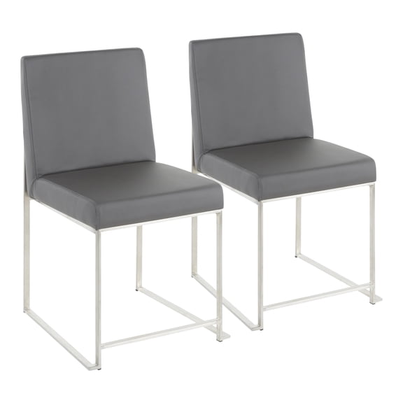High Back Fuji Contemporary Dining Chair in Stainless Steel and Grey Faux Leather by LumiSource - Set of 2